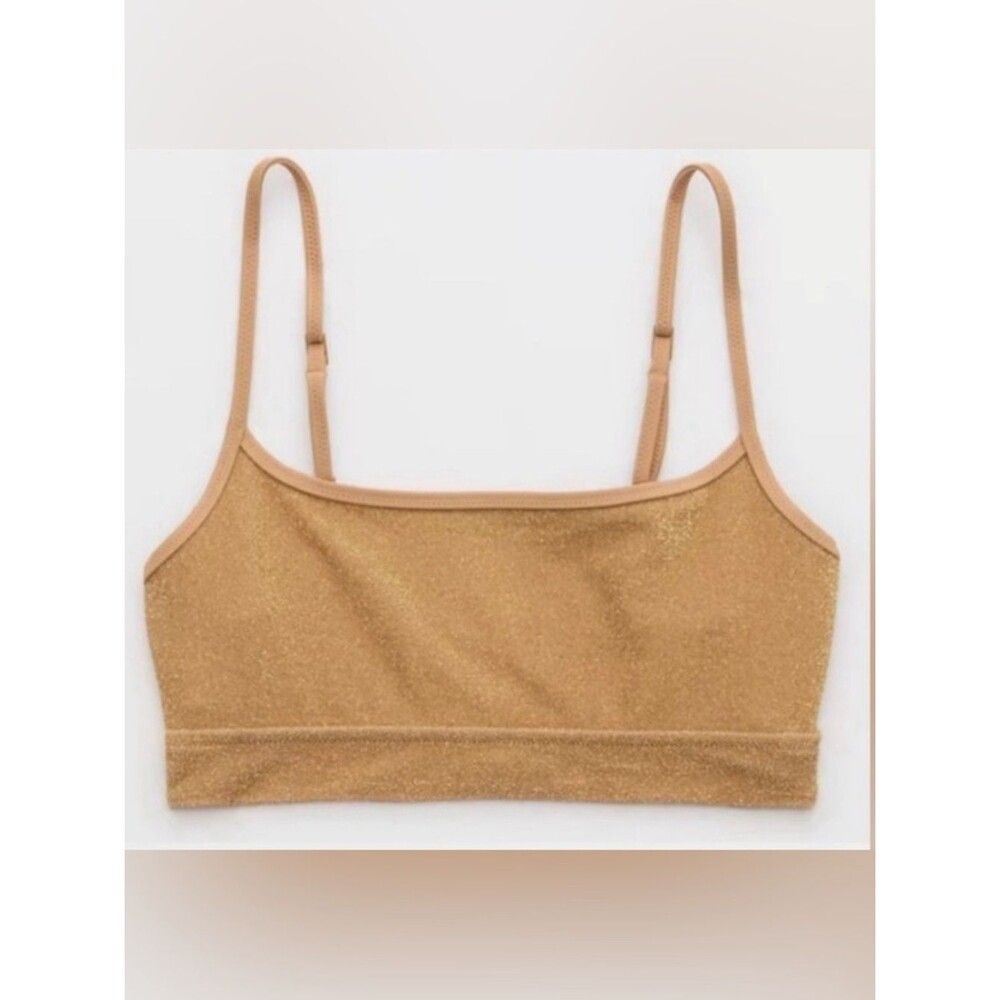 NWT Aerie Sparkle Straight Scoop Bikini Top in Tan Gold - Size S